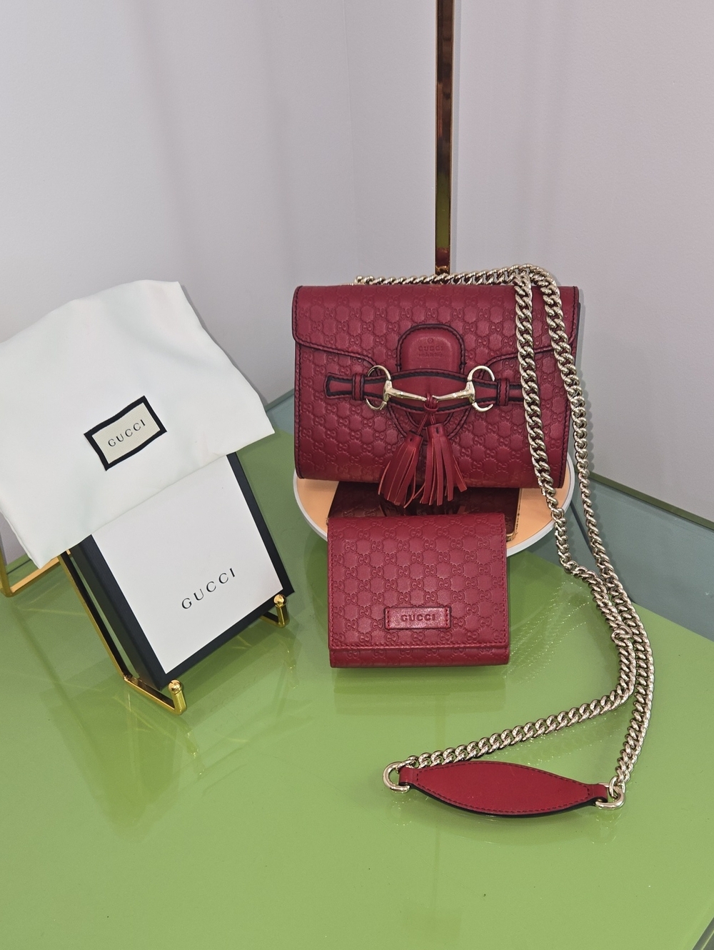 Gucci Guccisima Burgundy Red Mini Shoulder Bag with Tassel and Wallet